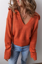 Racing Red Ribbed Edge Collared V Neck Loose Fit Sweater