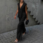 Women’s Cotton V-Neck Sleeveless Vest and Wide-Leg Pants Set