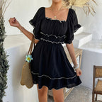 Women’s French Style Square Neck Dress – Ruffled Short Sleeve Elegance
