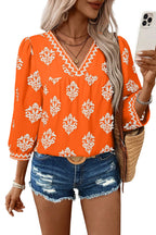 Green Damask Floral Print Contrast V Neck 3/4 Sleeve Blouse