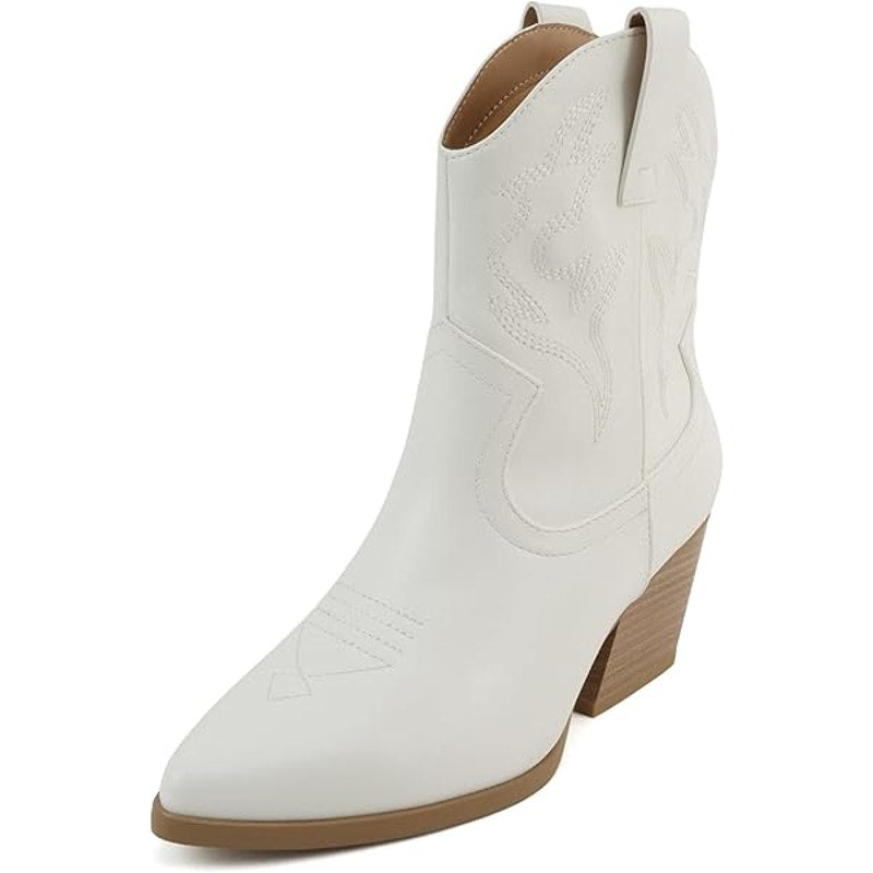 Soda BLAZING Women Size 7.5W Wide White Faux Leather 2.5" Heel Cowboy Boot Shoes