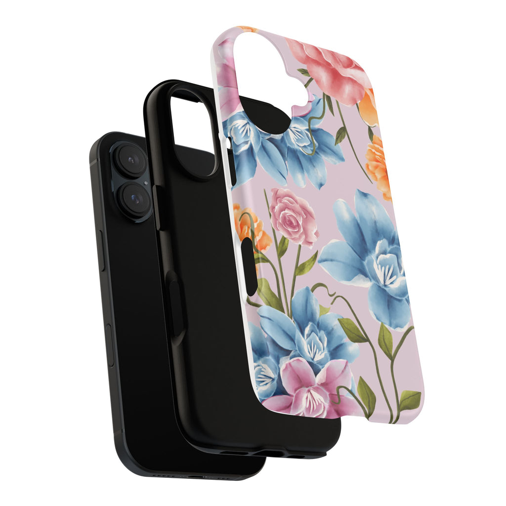 Floral Tough Phone Case Pink Vintage Roses & Blue Peonies Protective Cover
