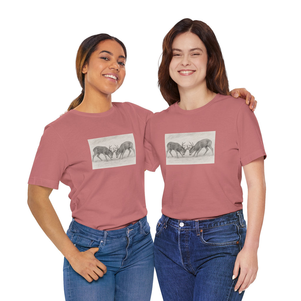 Nature-Inspired Bucks Sparing Unisex Tee with Stag Design, Wilderness Shirt, Forest Lover Gift, Adventure Tee, Unique Outdoor Apparel