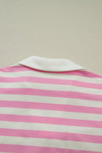 Pink Stripe Collar V Neck Ruffled Short Sleeve Blouse