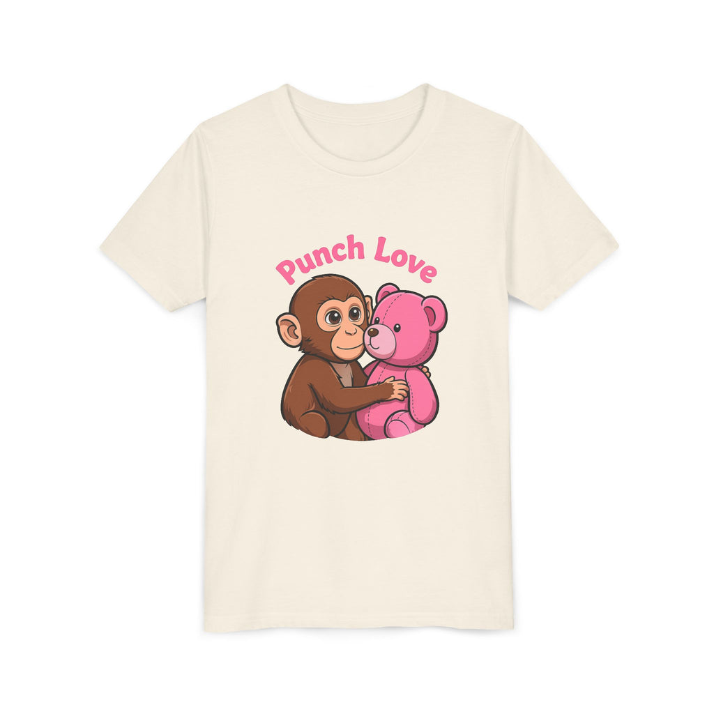 Youth Tee — "Punch Love" Monkey Hugging Pink Teddy Cute Kids Valentine Shirt