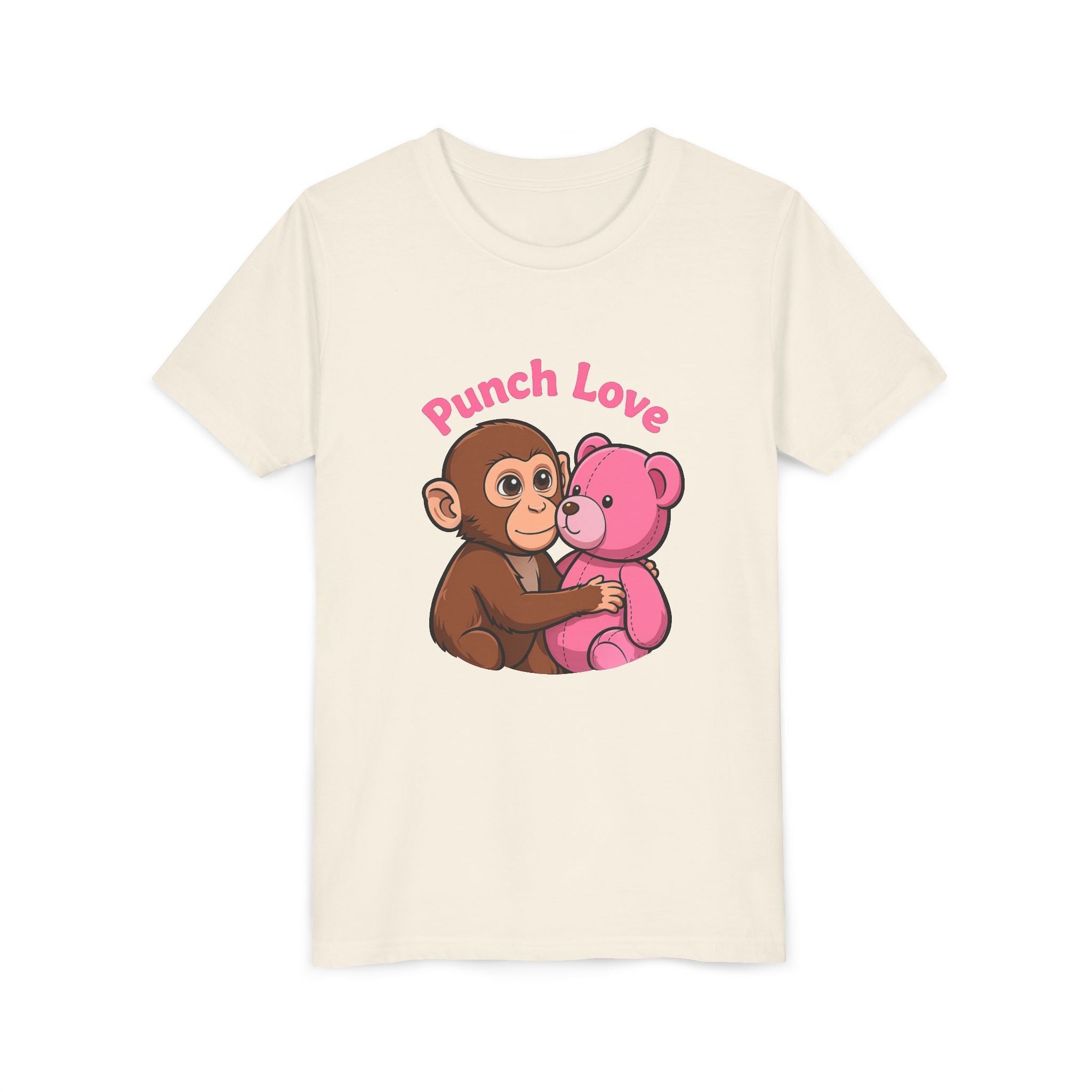 Youth Tee — "Punch Love" Monkey Hugging Pink Teddy Cute Kids Valentine Shirt