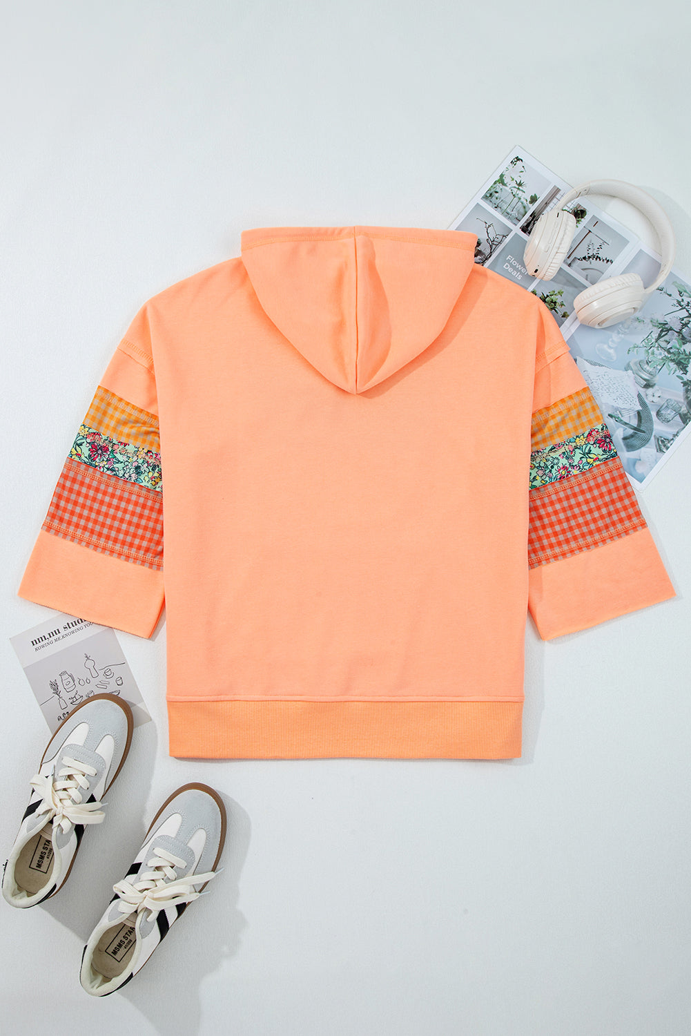 Grapefruit Orange Plaid Floral Patchwork Kangaroo Pocket Hooded Long Sleeve Top