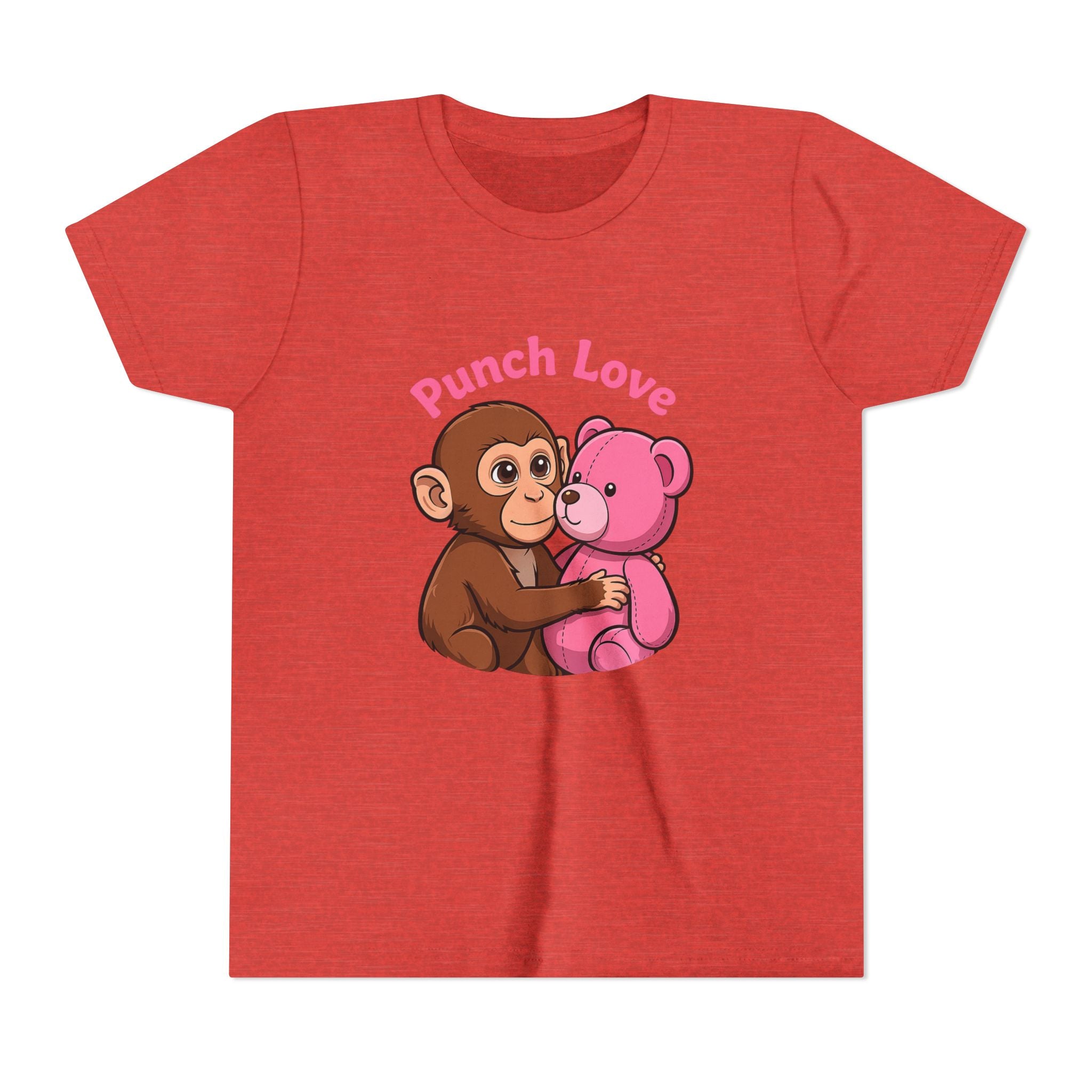 Youth Tee — "Punch Love" Monkey Hugging Pink Teddy Cute Kids Valentine Shirt