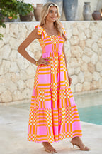 Pink Tie Strap Plaid & Striped Smocked Maxi Dress