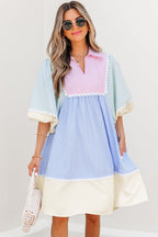 Multicolour Striped Patchwork Ric Rac Puff Sleeve Collared Mini Dress