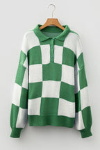 Light French Beige Checkered Pattern Polo Collar Loose Sweater