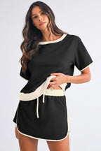 Black Colorblock Edge Drop Shoulder T Shirt and Skort 2Pcs Set