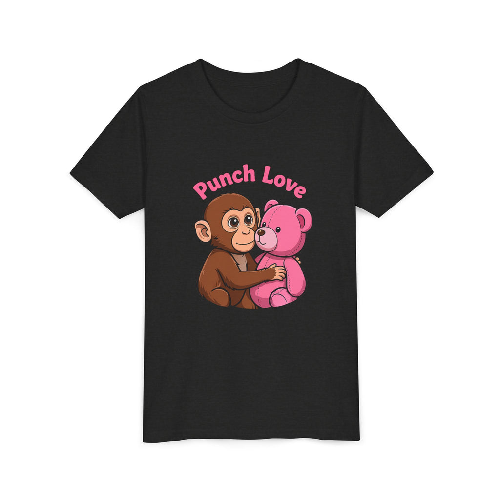 Youth Tee — "Punch Love" Monkey Hugging Pink Teddy Cute Kids Valentine Shirt