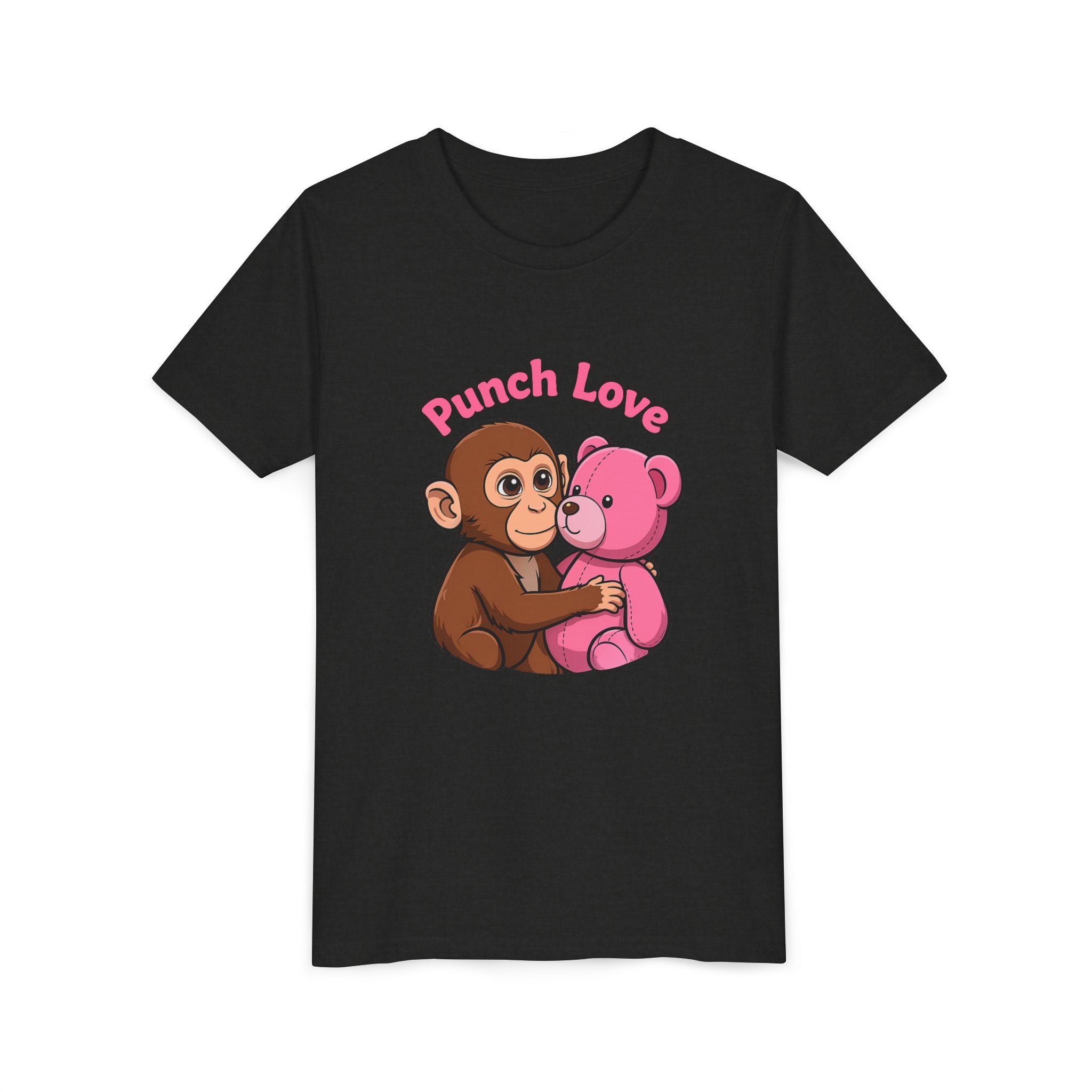 Youth Tee — "Punch Love" Monkey Hugging Pink Teddy Cute Kids Valentine Shirt