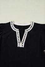 Black Leopard Trim Notched Neck Short Puff Sleeve Shift Mini Dress
