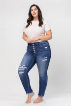 Plus High Rise Patched Button Up Distressed