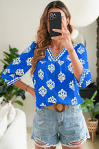 Green Damask Floral Print Contrast V Neck 3/4 Sleeve Blouse