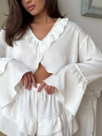 Ruffled V-Neck Top and Shorts Set