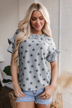 Gray Star Print Tiered Ruffled Sleeve Crew Neck T Shirt