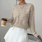 Women's Elegant Floral Sweater - Crew Neck Long Sleeve Casual Pullover