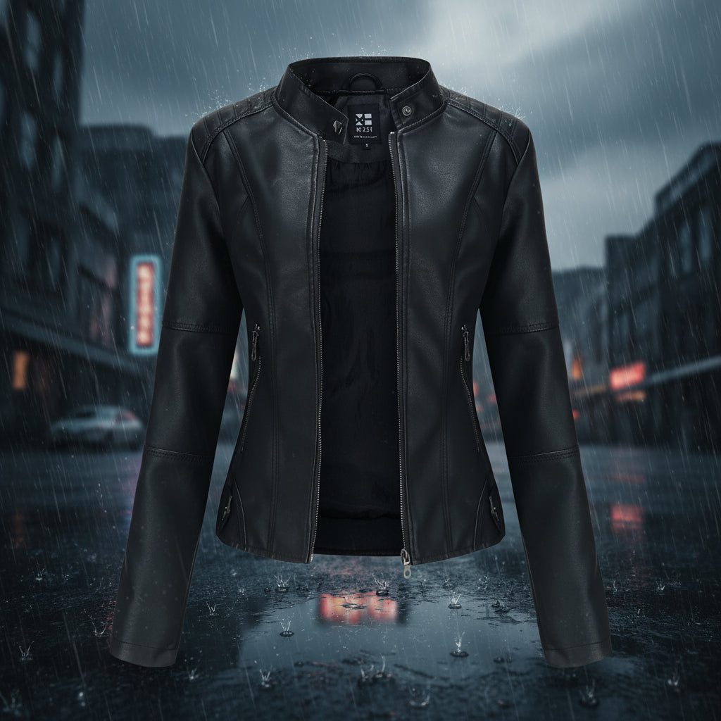 Black leather jacket on a rainy city street background