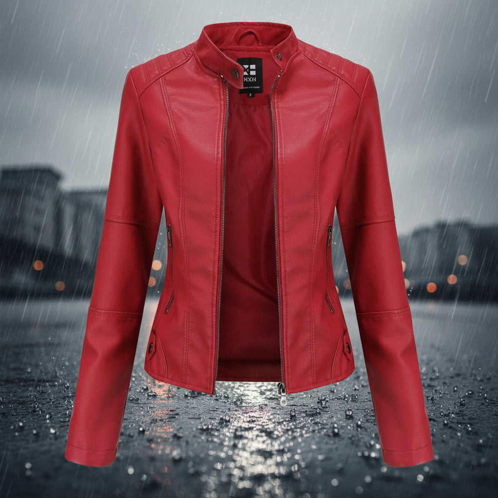 Red leather jacket on a rainy street background