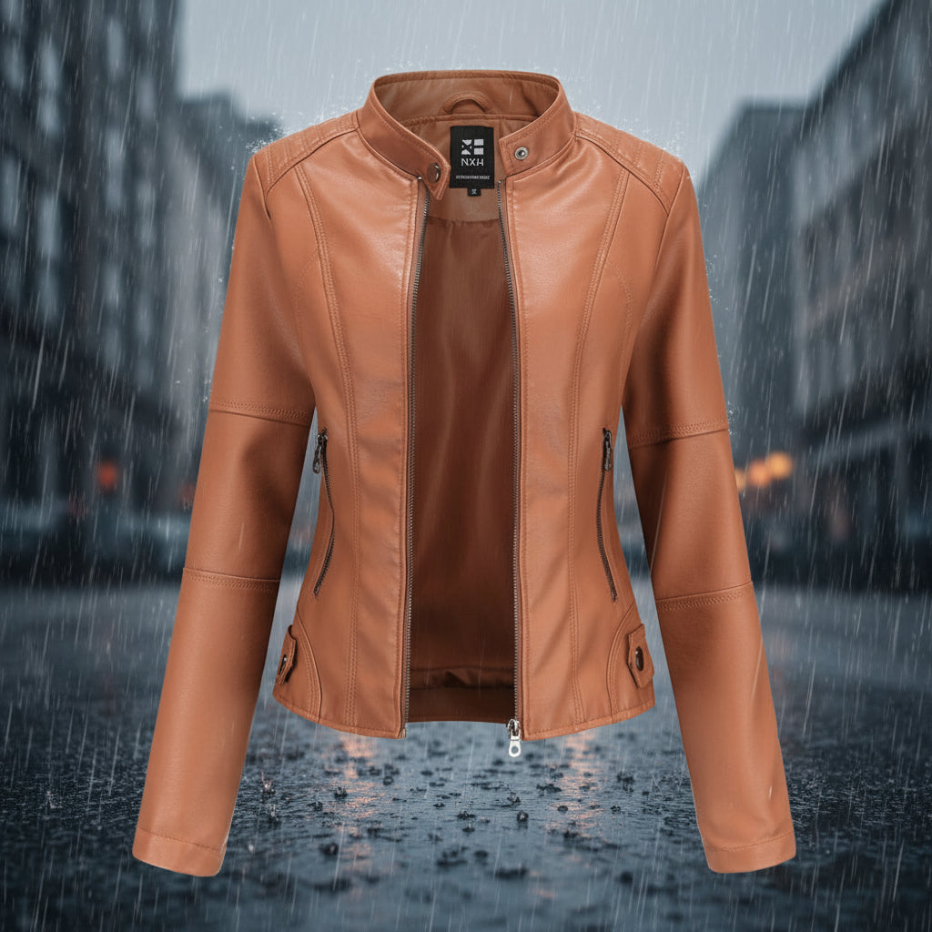 Brown leather jacket with a blurred cityscape background