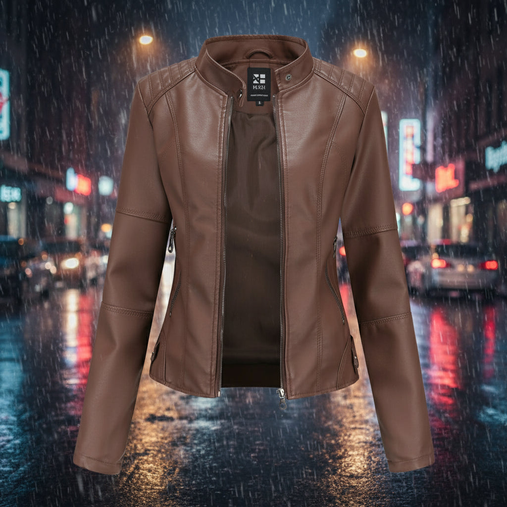 Brown leather jacket displayed against a rain-soaked city street background