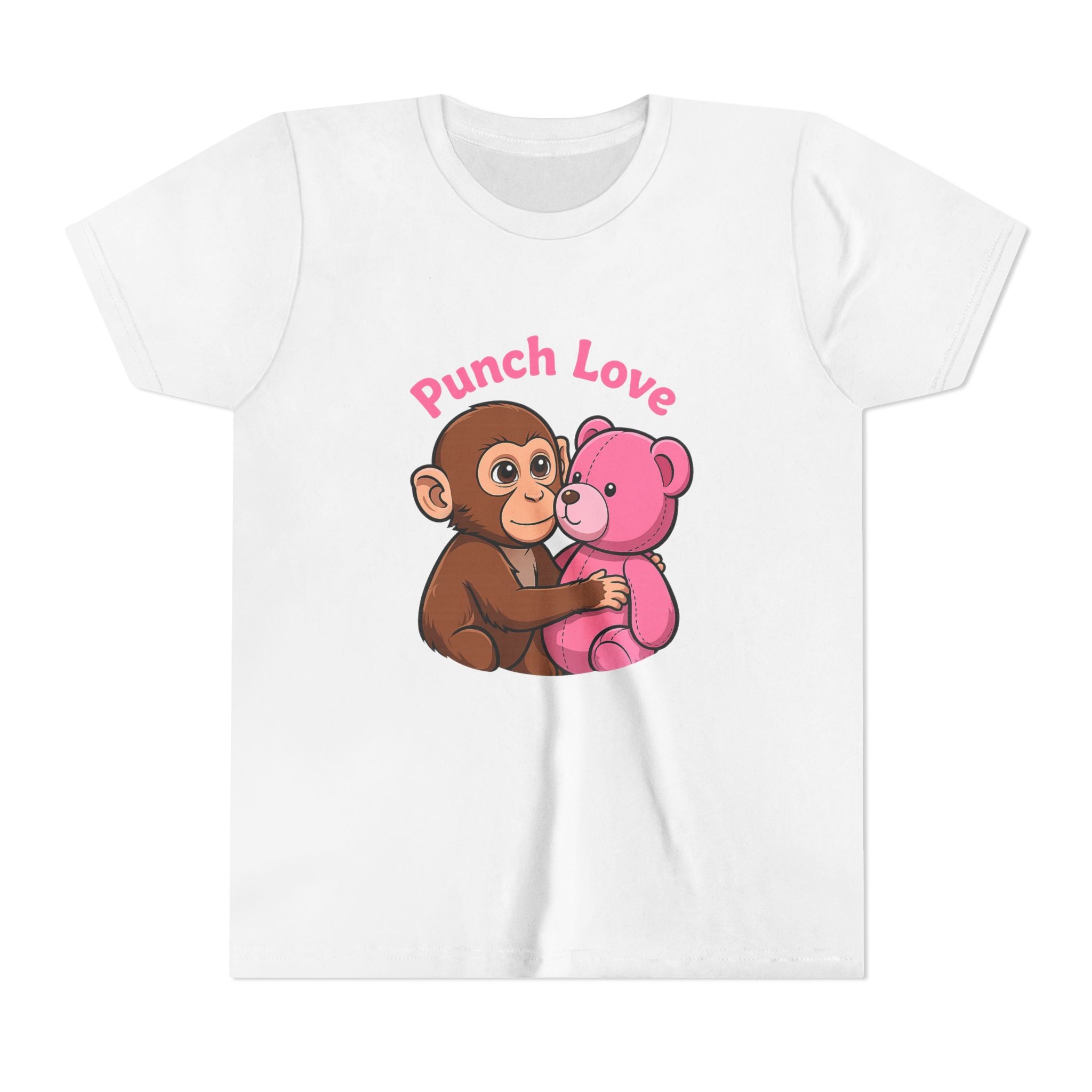 Youth Tee — "Punch Love" Monkey Hugging Pink Teddy Cute Kids Valentine Shirt