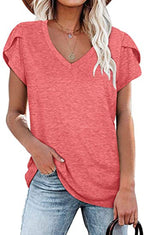 🌸 Women's V-Neck Petal Sleeve Summer T-Shirt – Elegant & Breezy