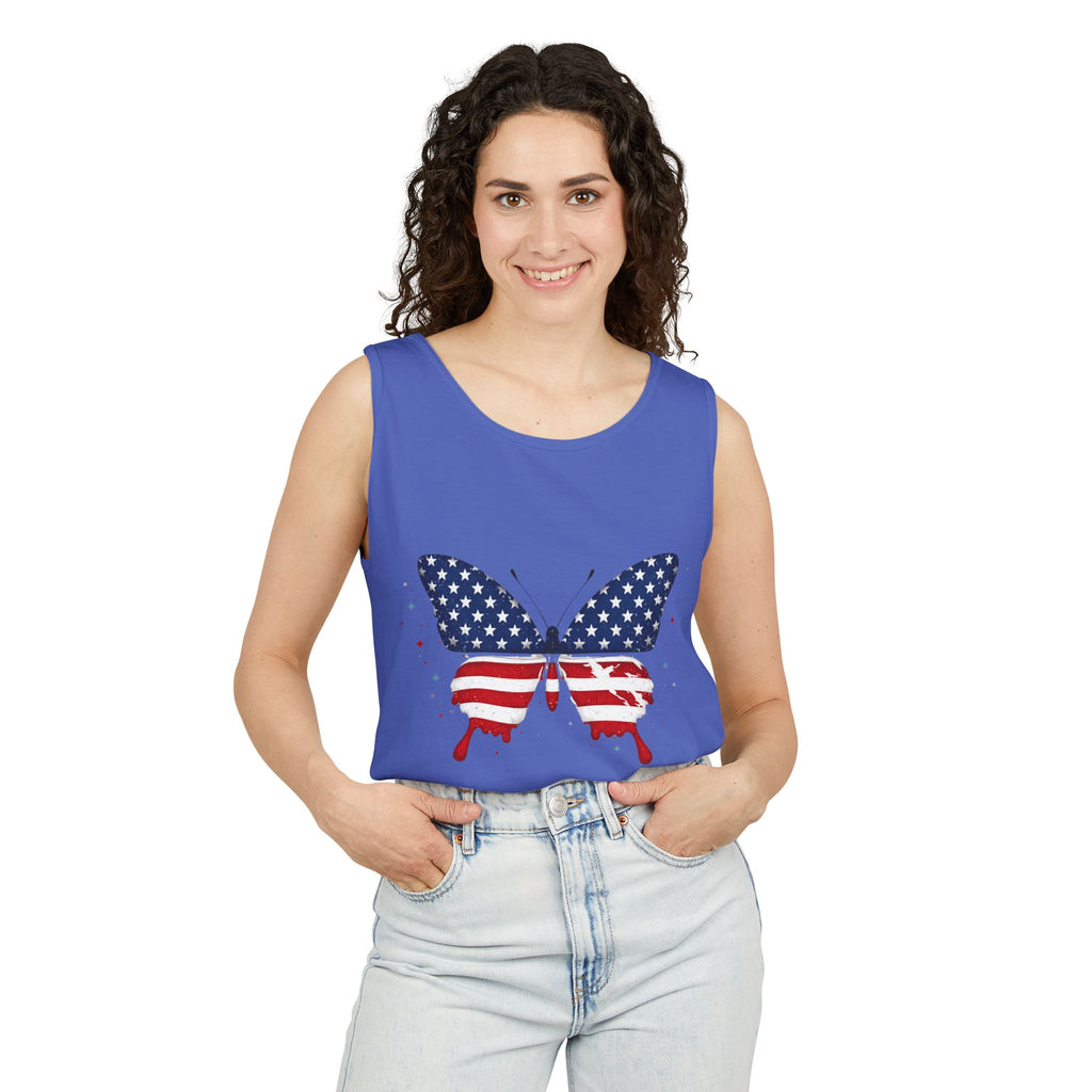 American Flag Butterfly Tank Top Patriotic Summer Graphic 4th of July and Everyday Wear