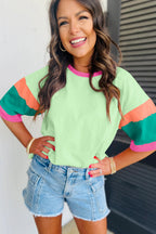 Pink Color Block Stitching Sleeve Round Neck Oversize Top