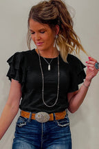 Black Layered Ruffle Short Sleeve Round Neck Top