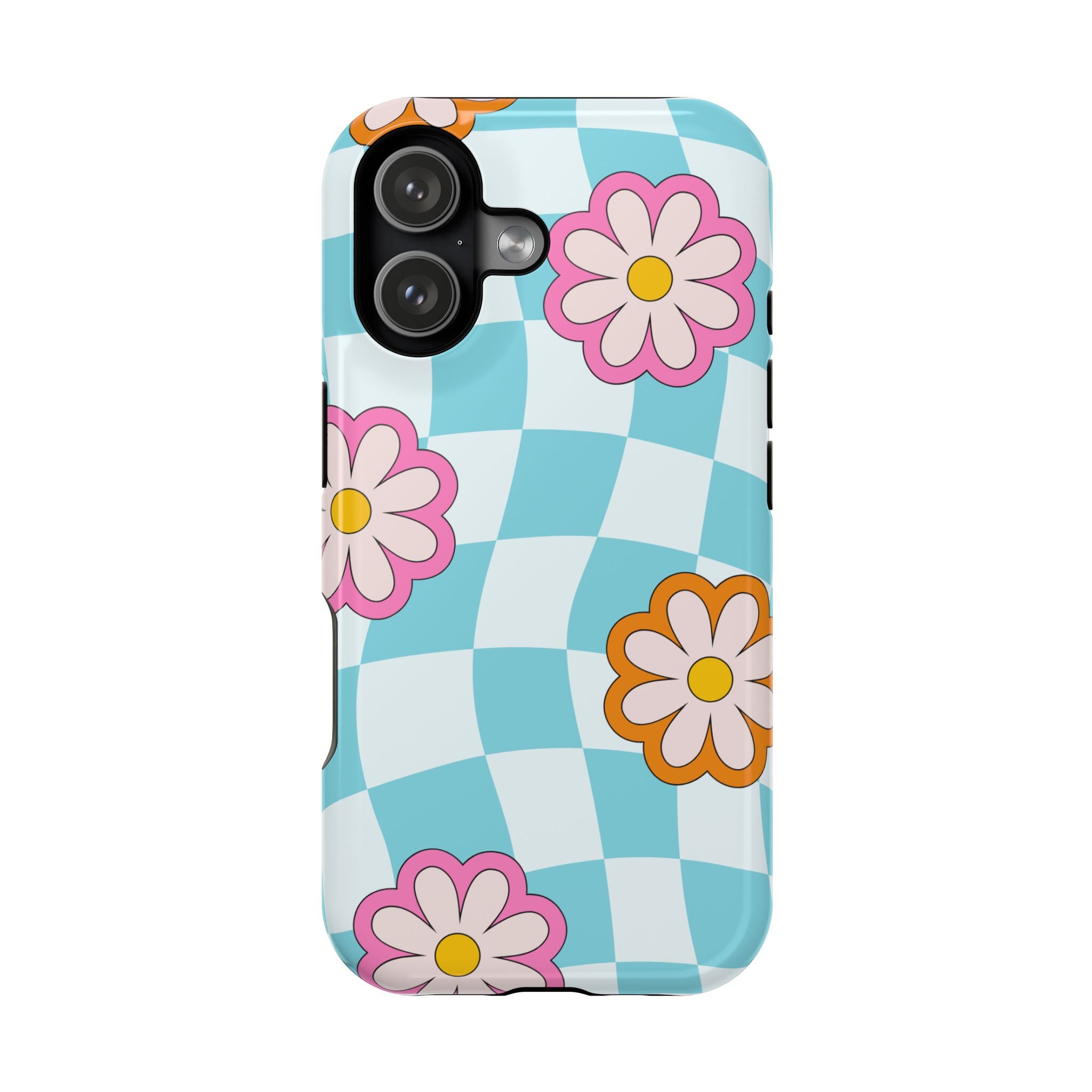 Phone Case Retro Checkerboard with Pink & Orange Daisies (Impact-Resistant)