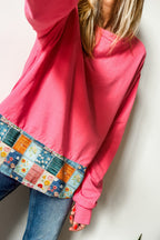 Strawberry Pink Floral Hemline Patchwork Round Neck Casual Top