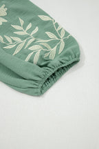Smoke Green Color Block Patchwork V Neck Embroidered Puff Sleeve Babydoll Blouse