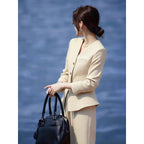 Waist-Grabbing Beige Coat and Wide Leg Pants Set