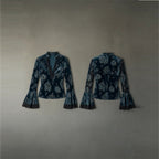 Women’s Retro Lace Panel V-Neck Blouse – Elegant Print Bell Sleeve Top for Spring & Autumn Wear