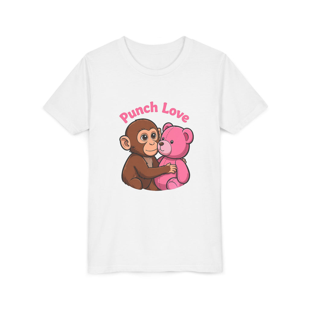 Youth Tee — "Punch Love" Monkey Hugging Pink Teddy Cute Kids Valentine Shirt