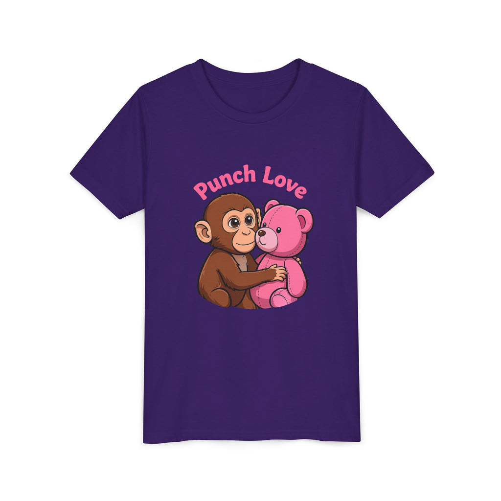 Youth Tee — "Punch Love" Monkey Hugging Pink Teddy Cute Kids Valentine Shirt