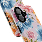 Floral Tough Phone Case Pink Vintage Roses & Blue Peonies Protective Cover