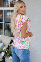 Purple Abstract Printed Ruffled Short Sleeve Notched Neck Blouse