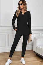 Grass Green Ribbed Notched Neck Knit Long Sleeve Leggings Two Pieces Lounge Set
