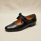 Women's French Vintage Genuine Leather Round Toe Chunky Heel Shoes