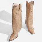 Ronilurn Womens Size 11 Tan Faux Shark Fold Over Mid Calf 3" Chunky Heel Boots