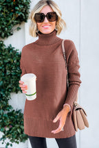 Mineral Red Turtleneck Ribbed Knit Tunic Sweater