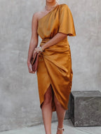 One-Shoulder Satin Wrap Dress with Side Slit