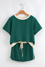 Black Colorblock Edge Drop Shoulder T Shirt and Skort 2Pcs Set