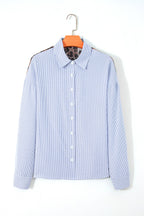 Sky Blue Stripe Contrasted Varsity Stripe Leopard Patchwork Button Down Shirt