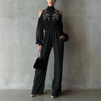 Black Embroidered Women’s Long-Sleeve Wide-Leg Jumpsuit